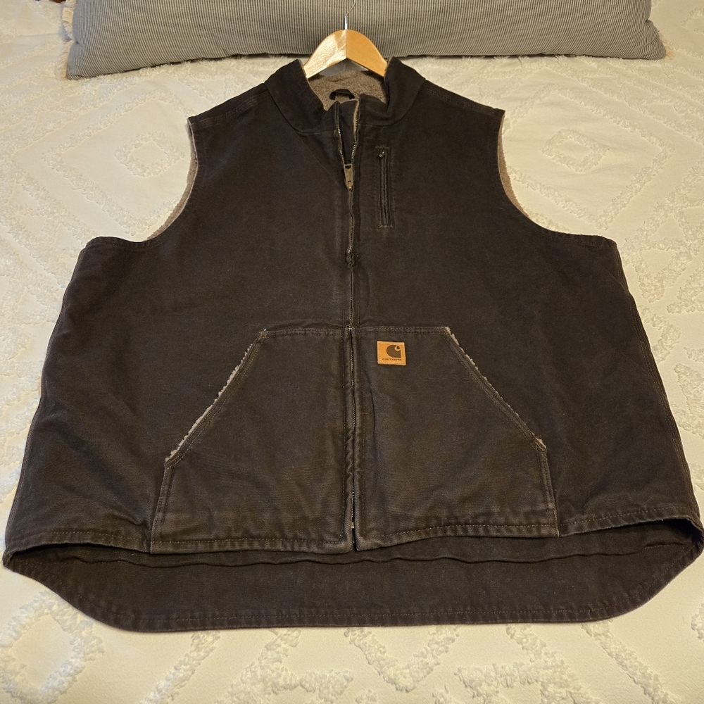 Mens Carhartt Sherpa Lined Duck Vest, 2XLT, Dark Brown
